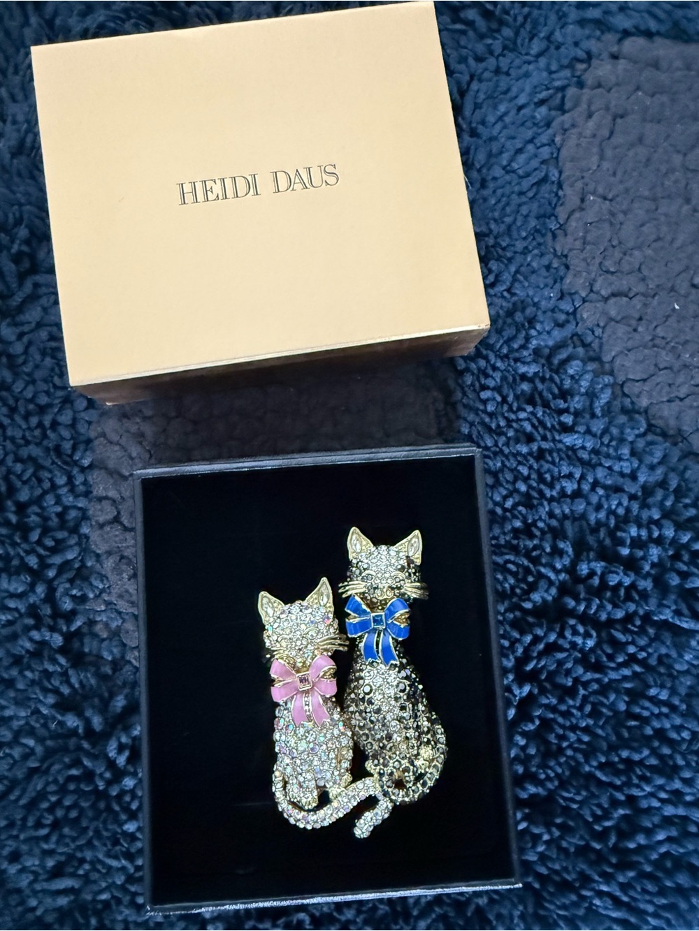 Heidi Daus Gold-Tone Cat Brooch Duo with Pink and Blue Bows